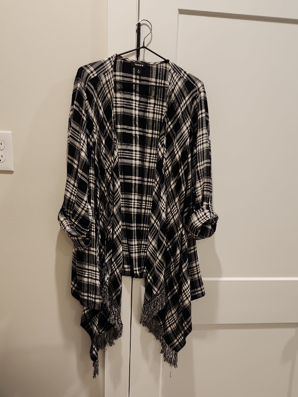 torrid Black & White Plaid Open Front Fringed Cardigan